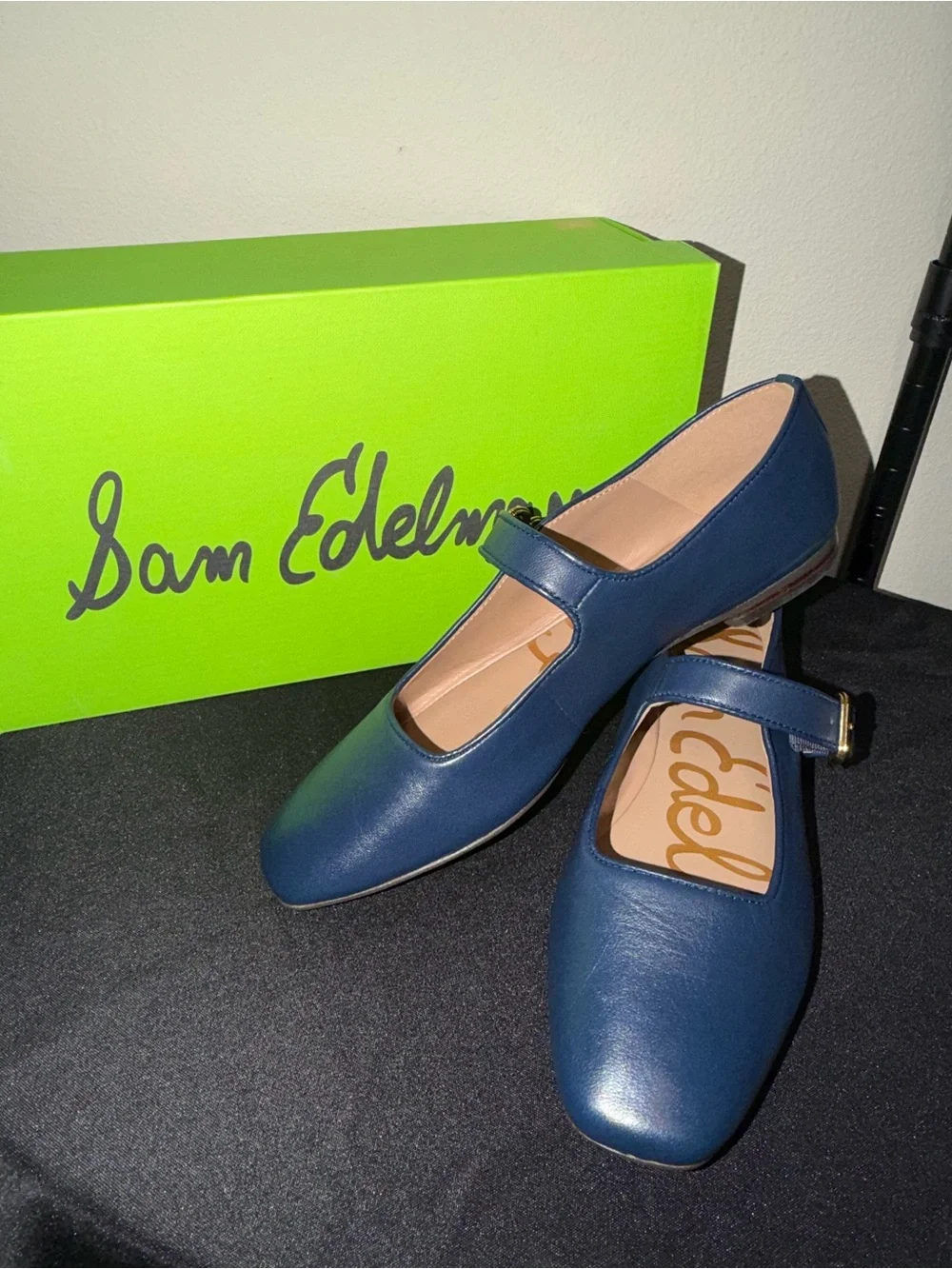 Sam Edelman “Michaela” Blue Leather Mary Jane Flats with Gold Buckle